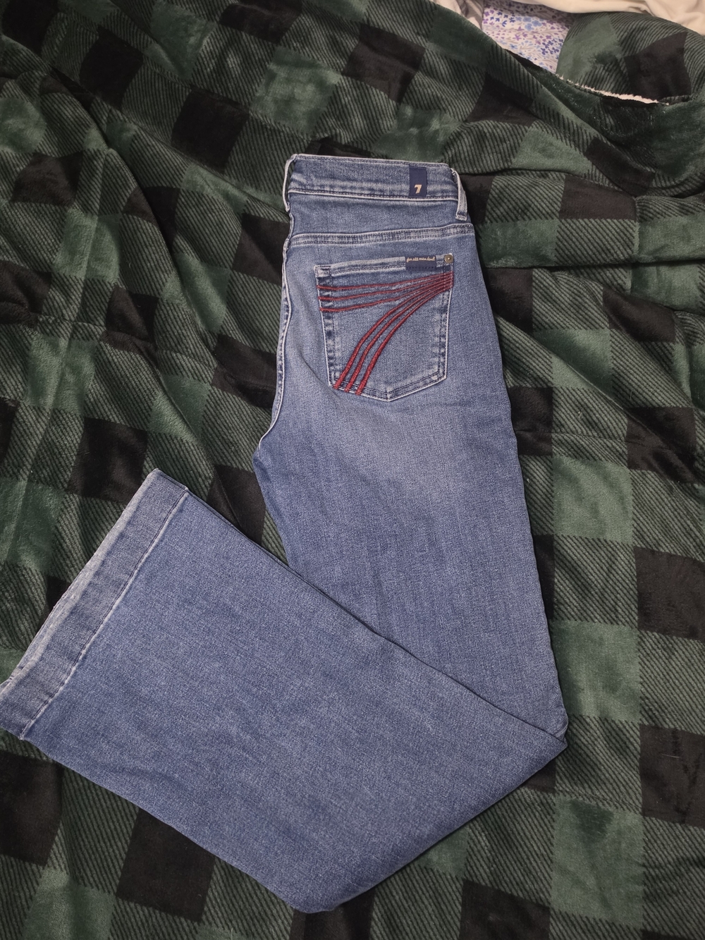 7 For All Mankind Blue Flared Jeans with Red Backstitch